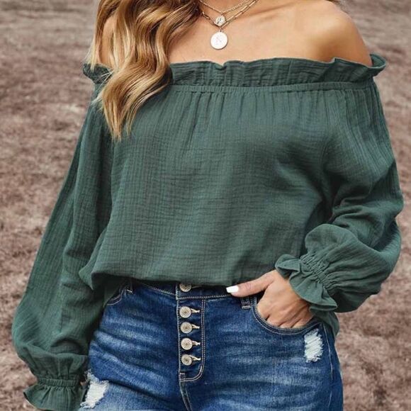 67. Ruffle hem off shoulder blouse green, black, or tan - Picture 2 of 5
